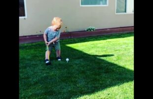 20 month old does sibling’s gender reveal with a golf club!!