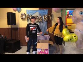 Giant baby surprised in the baby gender reveal