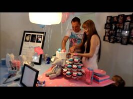 Cutting the Cake for our Baby Gender Reveal Party