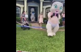 Inflatable babies stage boxing match for gender reveal party